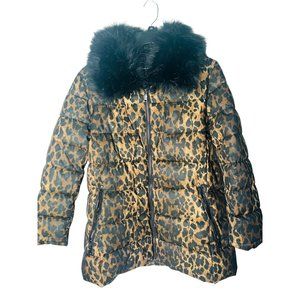 Tahari Gemma Women's Quilted Leopard Print Puffer Coat with Faux Fur Collar